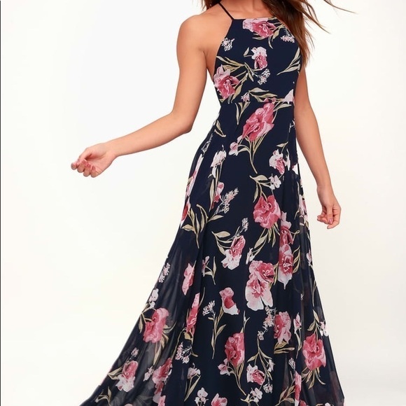 Lulu’s Aubree Navy Blue Floral Lace Up Maxi Dress Size S - Picture 3 of 14